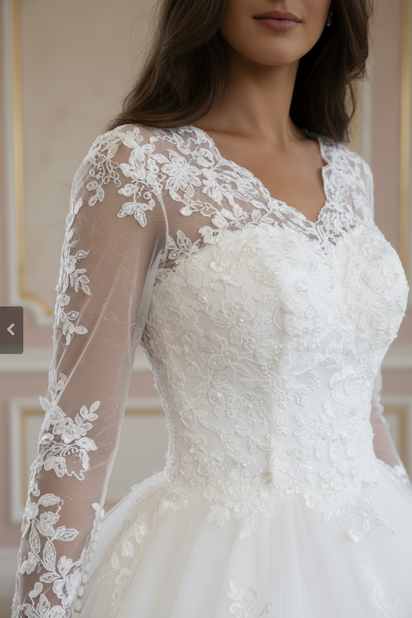 Detalle de encaje y bordados del vestido de novia Bella