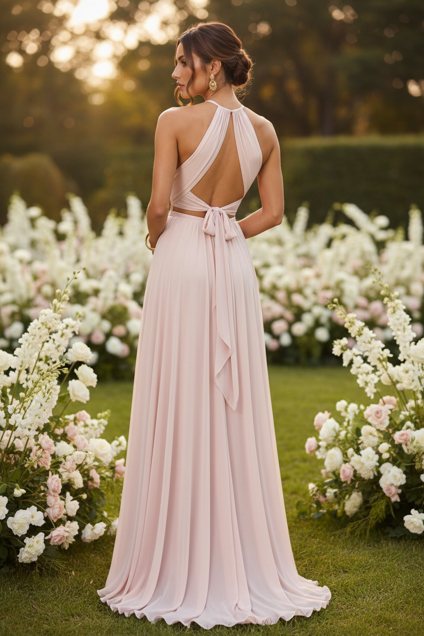 Vestido largo halter rosa palo - detalle espalda abierta