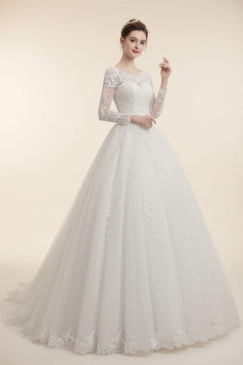 Vestido de novia princesa con manga larga de encaje, escote en V y falda de tul voluminosa
