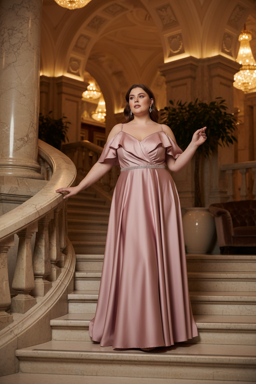 Modelo curvy con vestido de raso largo - Hotel de lujo