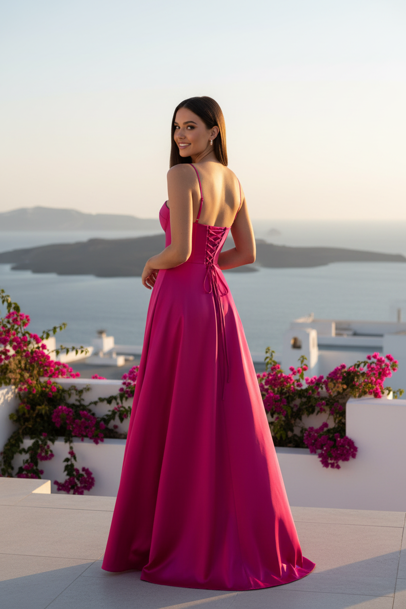 Vestido corset satén fucsia vista trasera rooftop hotel mediterráneo