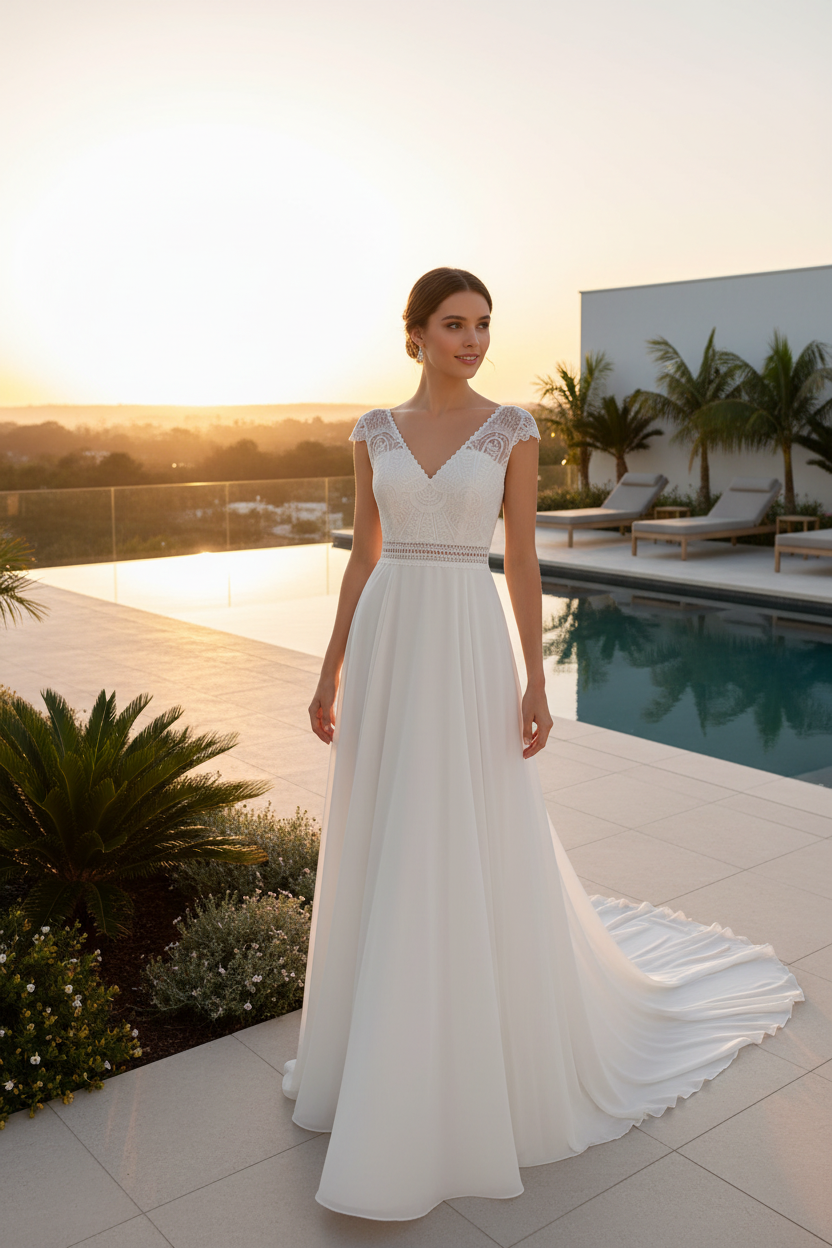 Vestido novia terraza piscina infinita