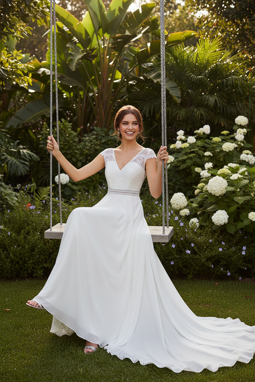 Vestido novia silla colgante jardín