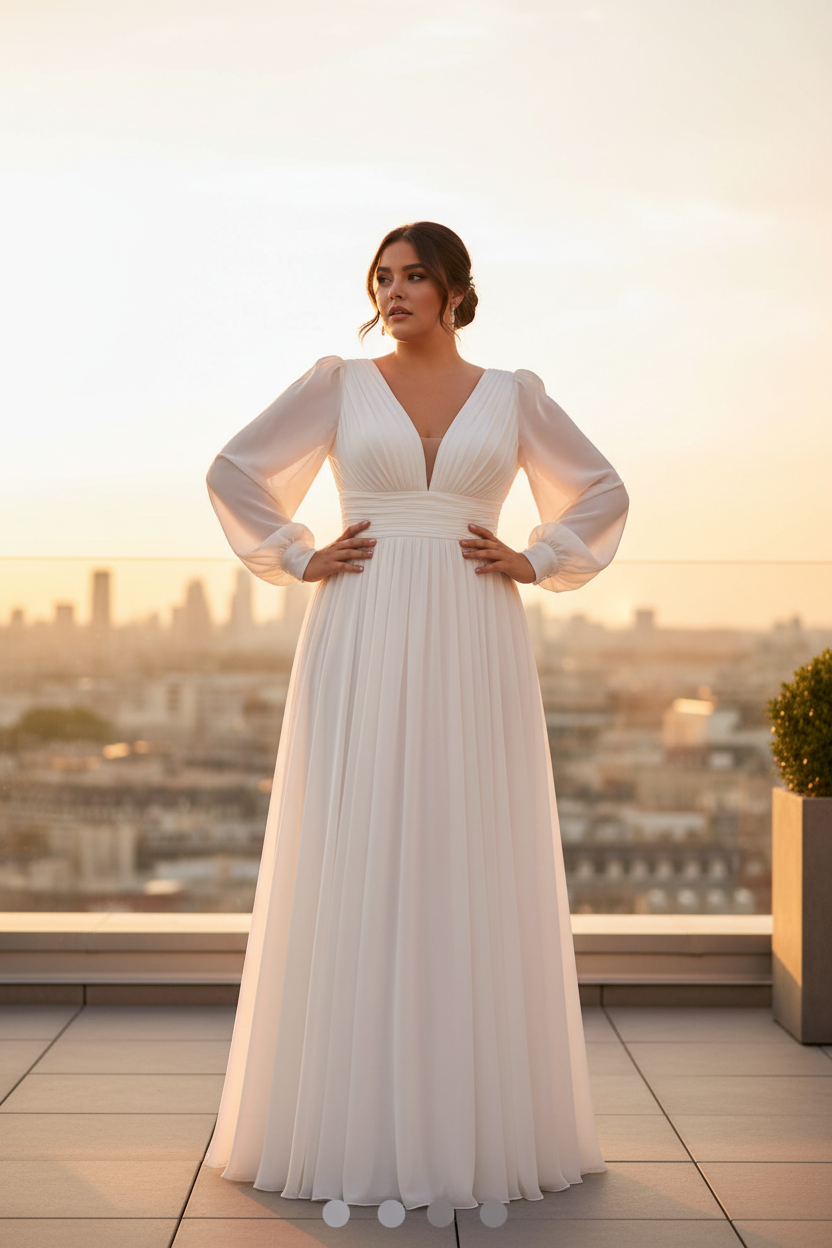Vestido Gasa Manga Talla Grande Blanco - Rooftop atardecer