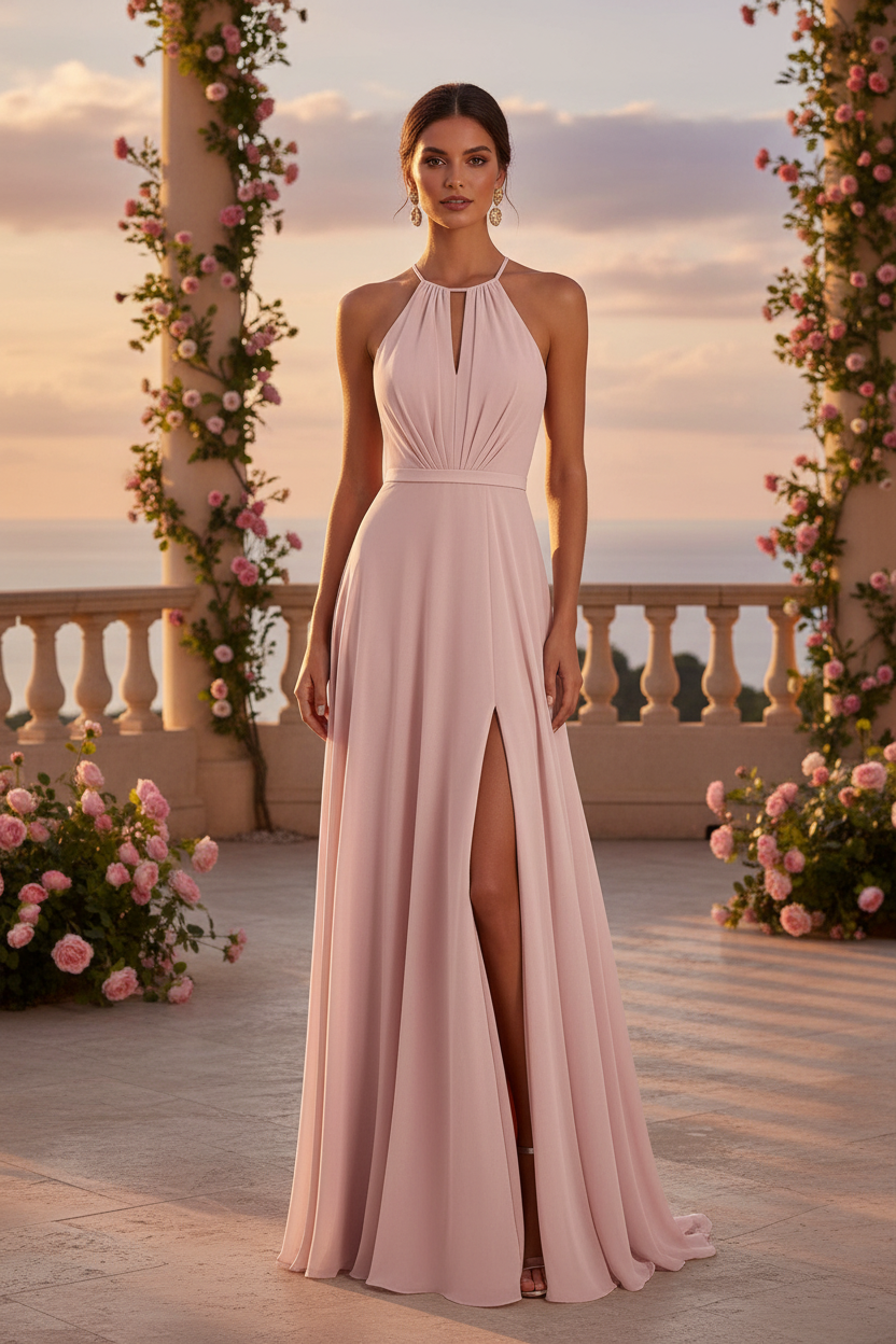 Vestido largo halter rosa palo - foto principal frontal