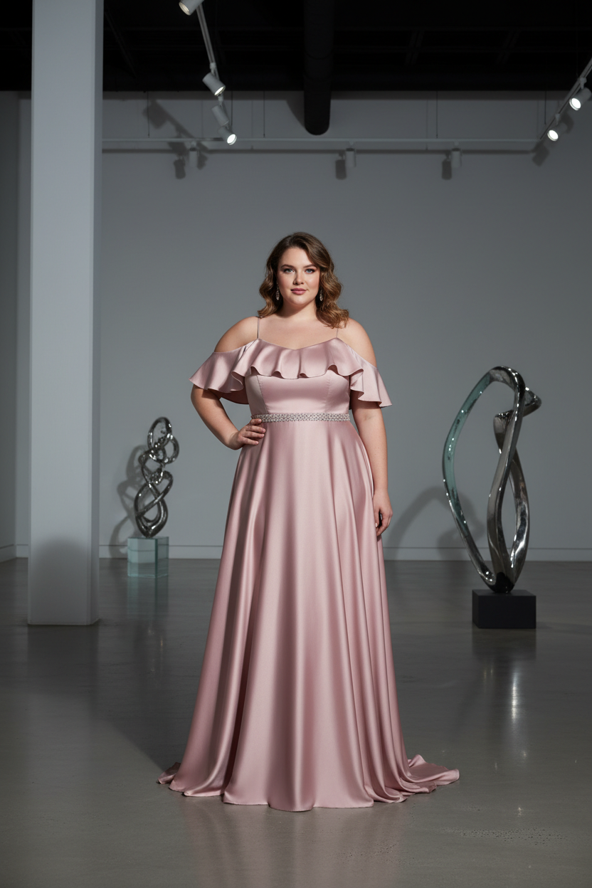 Modelo curvy con vestido de raso largo - Galería de arte
