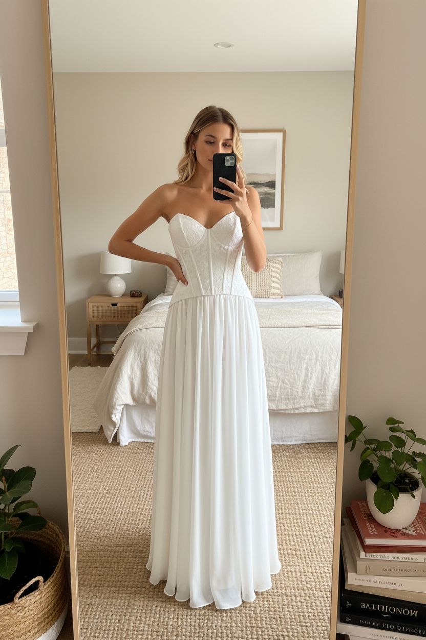 Vestido blanco corset - selfie espejo dormitorio