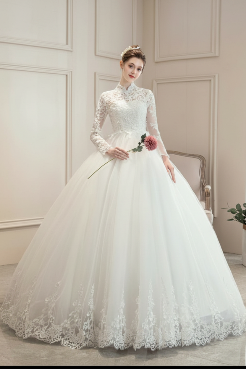 Vestido de Novia Adriana - Princesa Cuello Alto Tul Bordado
