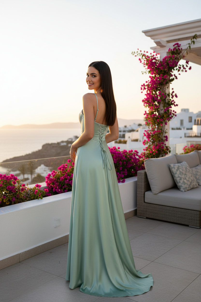 Vestido corset satén verde menta vista trasera rooftop hotel mediterráneo