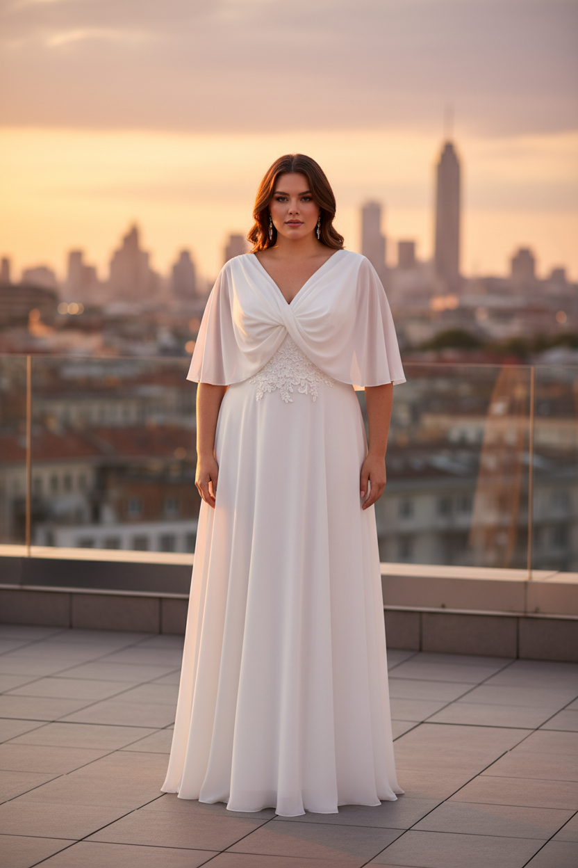 Vestido largo blanco con capa, modelo talla 42-44, rooftop al atardecer