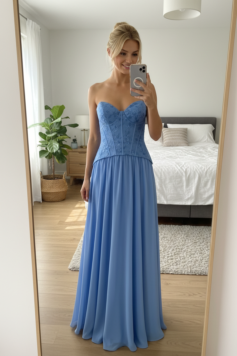 Vestido azul aciano corset - de frente espejo casa