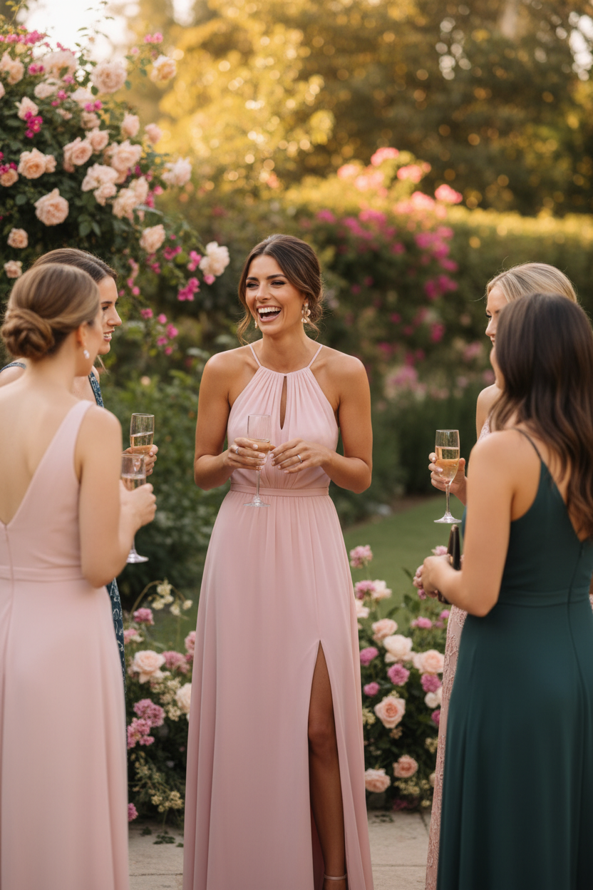 Vestido largo halter rosa palo - situación real boda