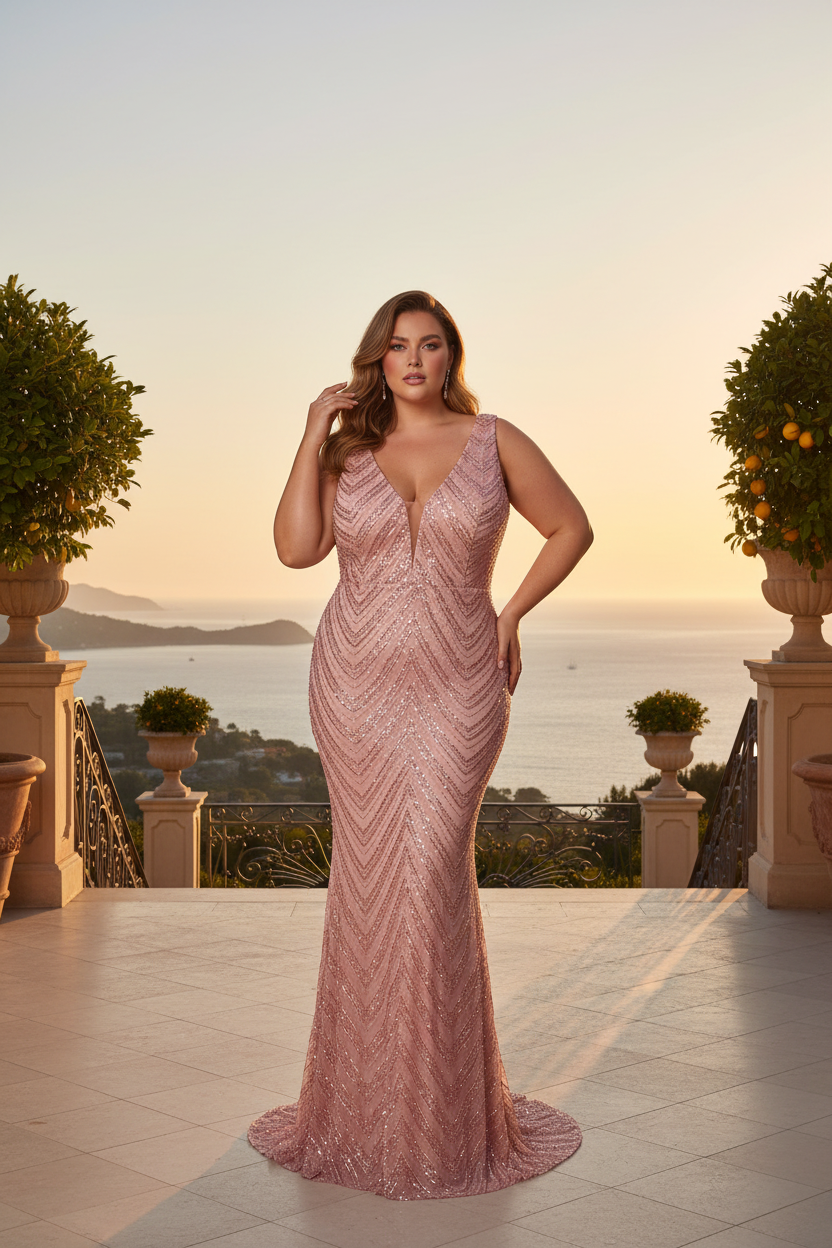 Vestido Sirena Lentejuelas Rosa - Terraza villa mediterránea