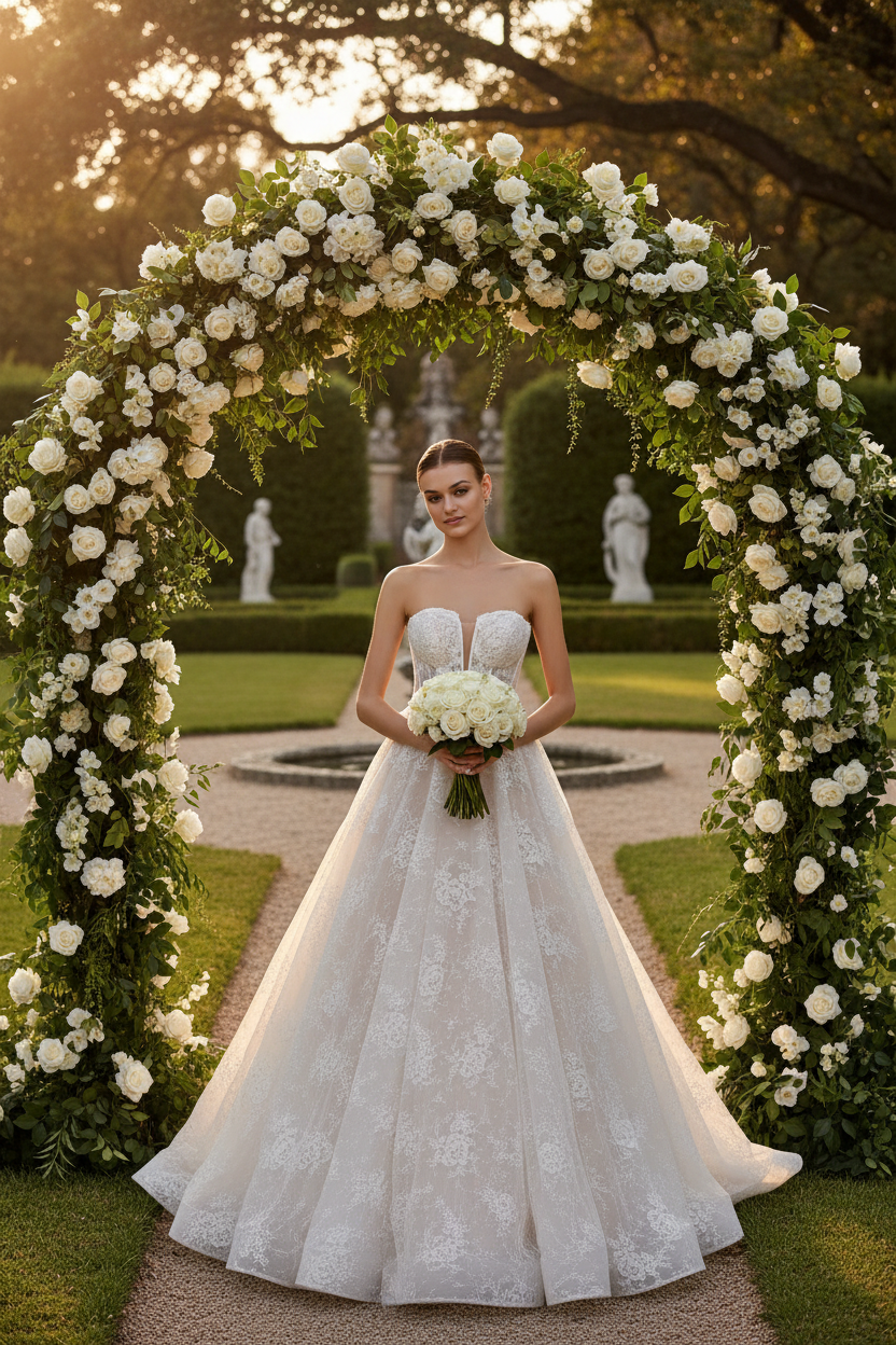 Vestido de Novia Isabel bajo arco floral