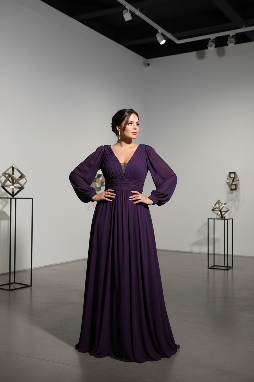 Vestido Gasa Manga Morado - Galería de arte