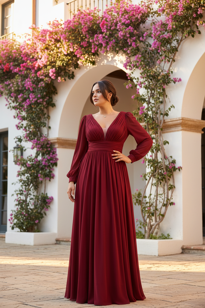 Vestido Gasa Manga Talla Grande Rojo Cereza - Villa mediterránea