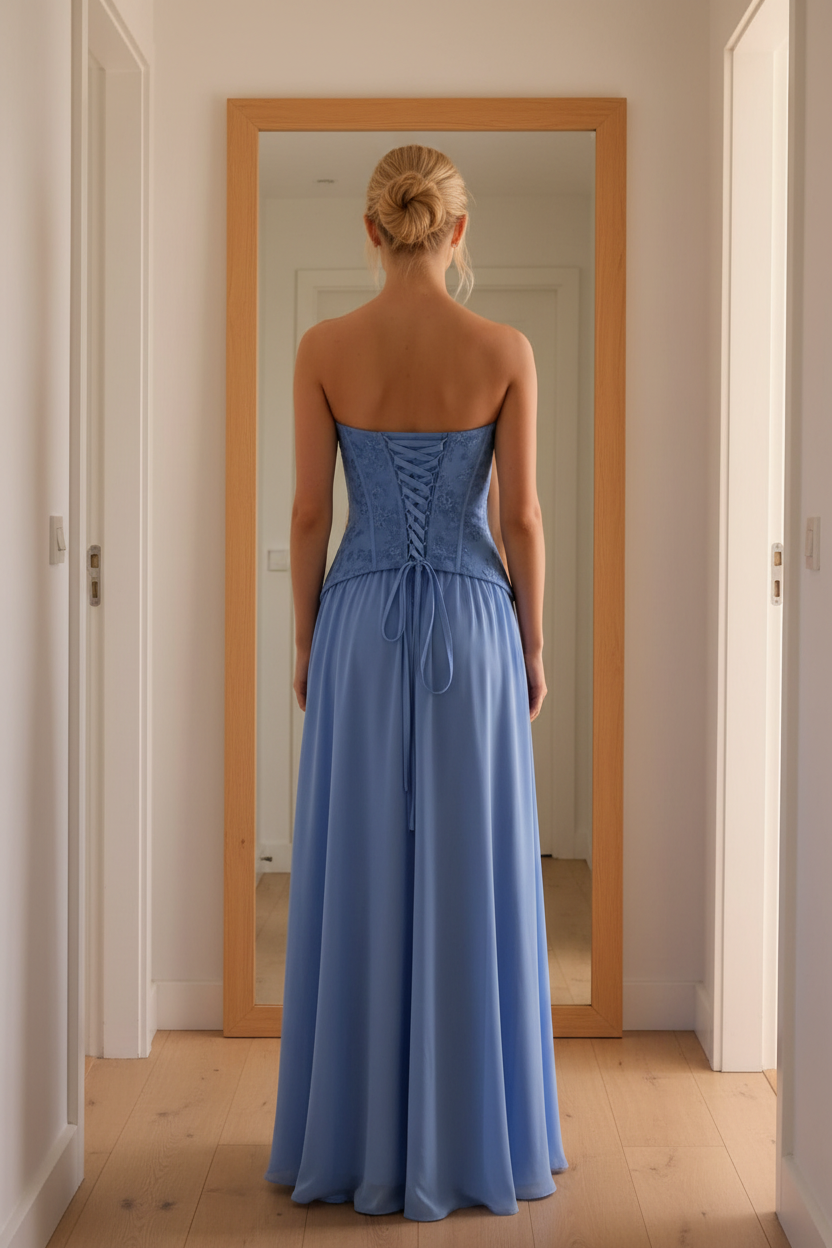Vestido azul aciano corset - de espaldas espejo casa
