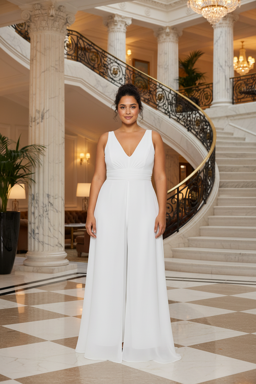 Mono  novia Largo Blanco Escote V con Pantalón Palazzo |Curvy