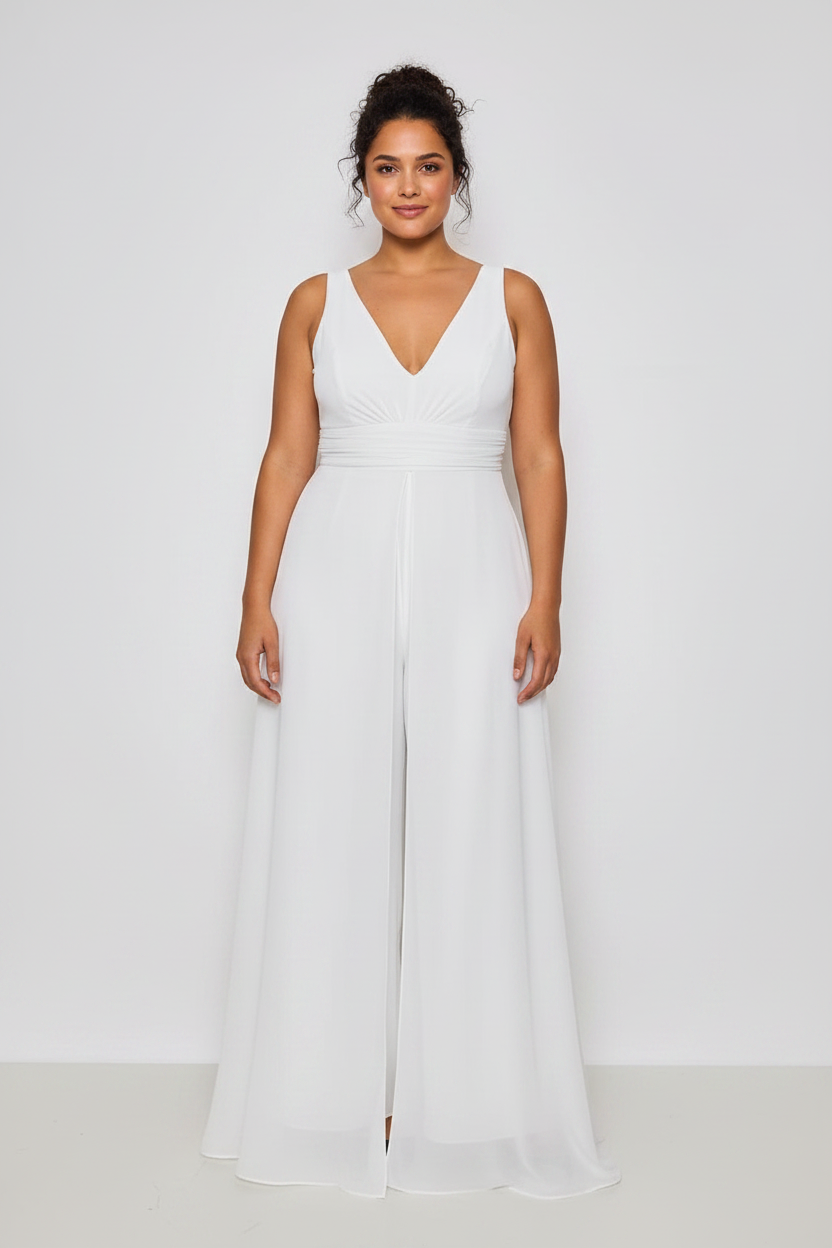 Mono  novia Largo Blanco Escote V con Pantalón Palazzo |Curvy