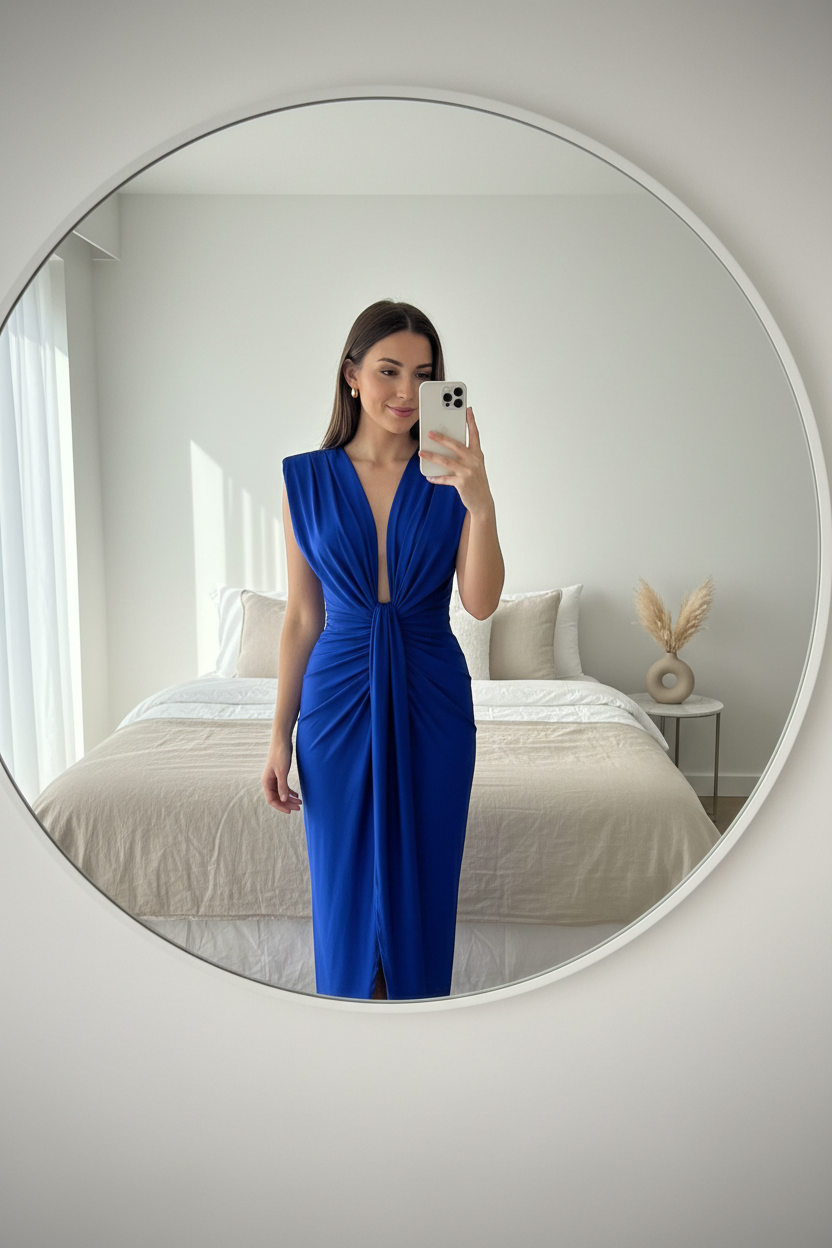 Vestido Azul Klein Drapeado - Vestido de Fiesta Elegante con Escote en V