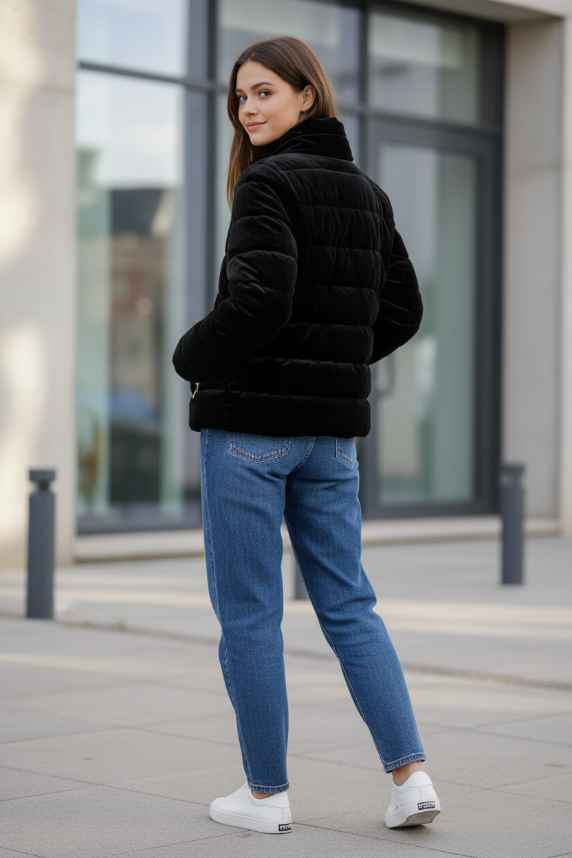 Modelo casual con chaqueta negra sin capucha - Vista de espaldas