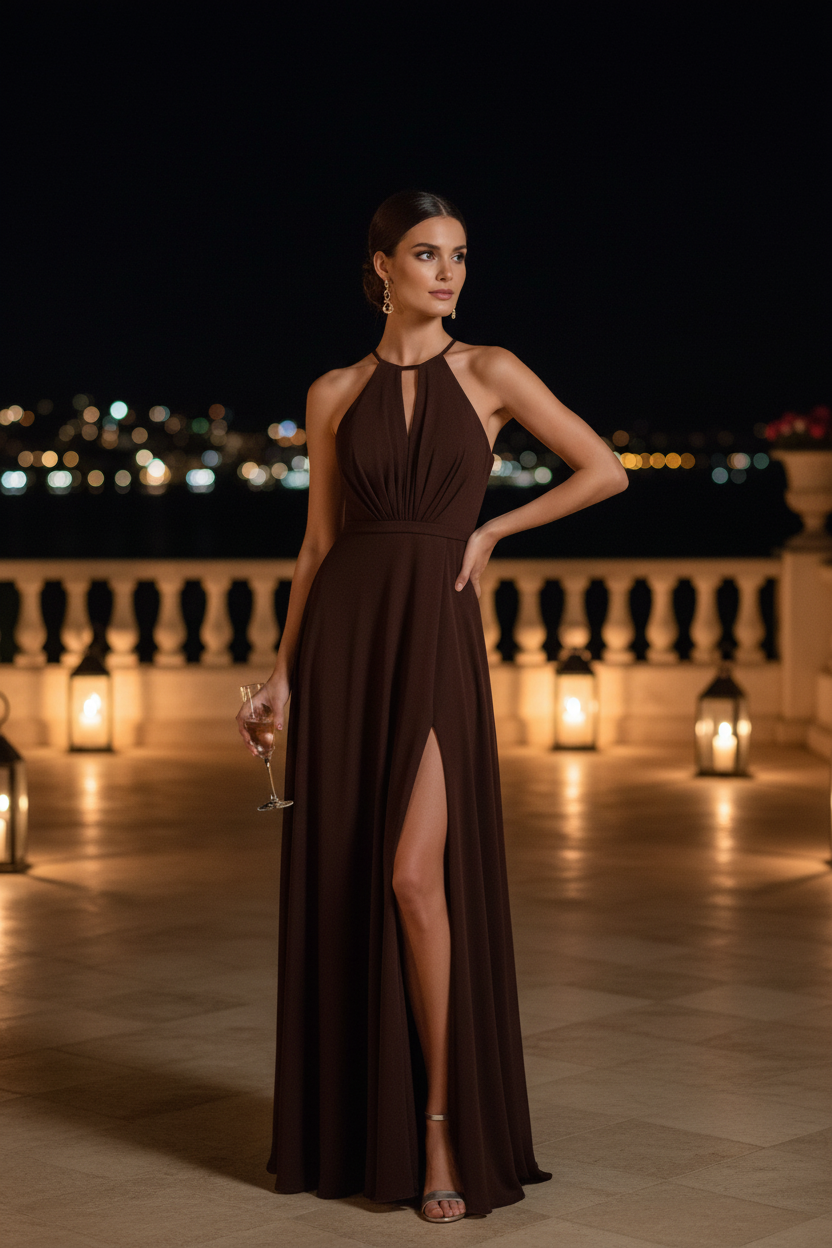 Vestido Largo Halter Marrón Chocolate | Keyhole y Abertura Lateral