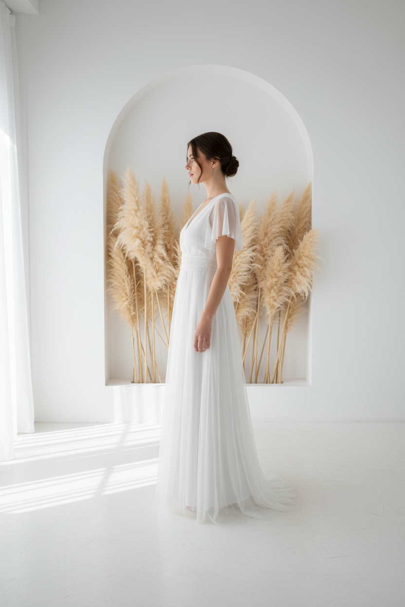 Vestido blanco tul  Mangas Mariposa