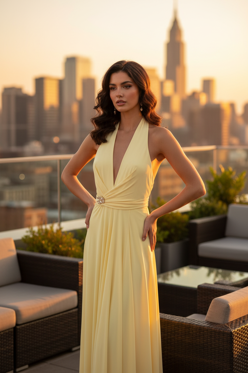 Vestido Amarillo Pastel Halter - Vestido de Fiesta Elegante con Broche Joya