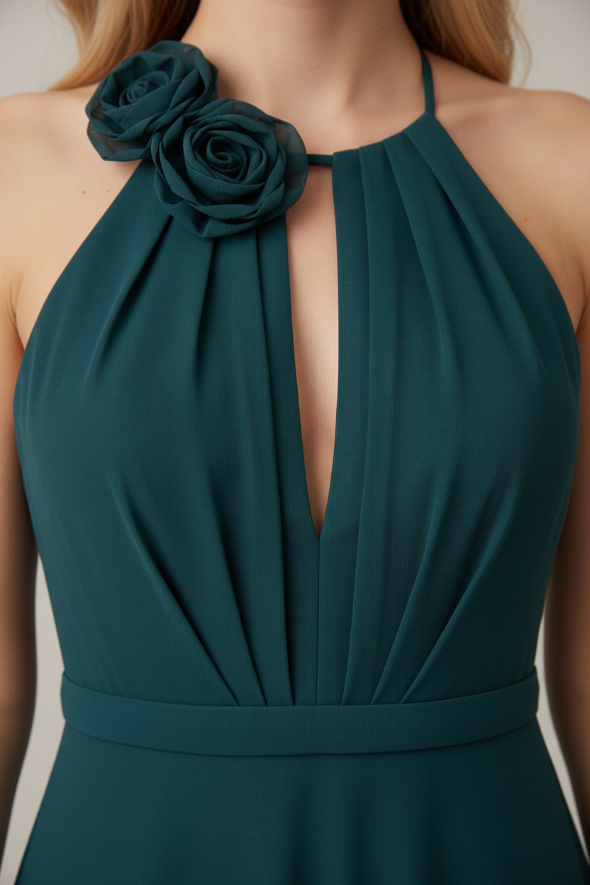 Vestido largo Halter petróleo invitada