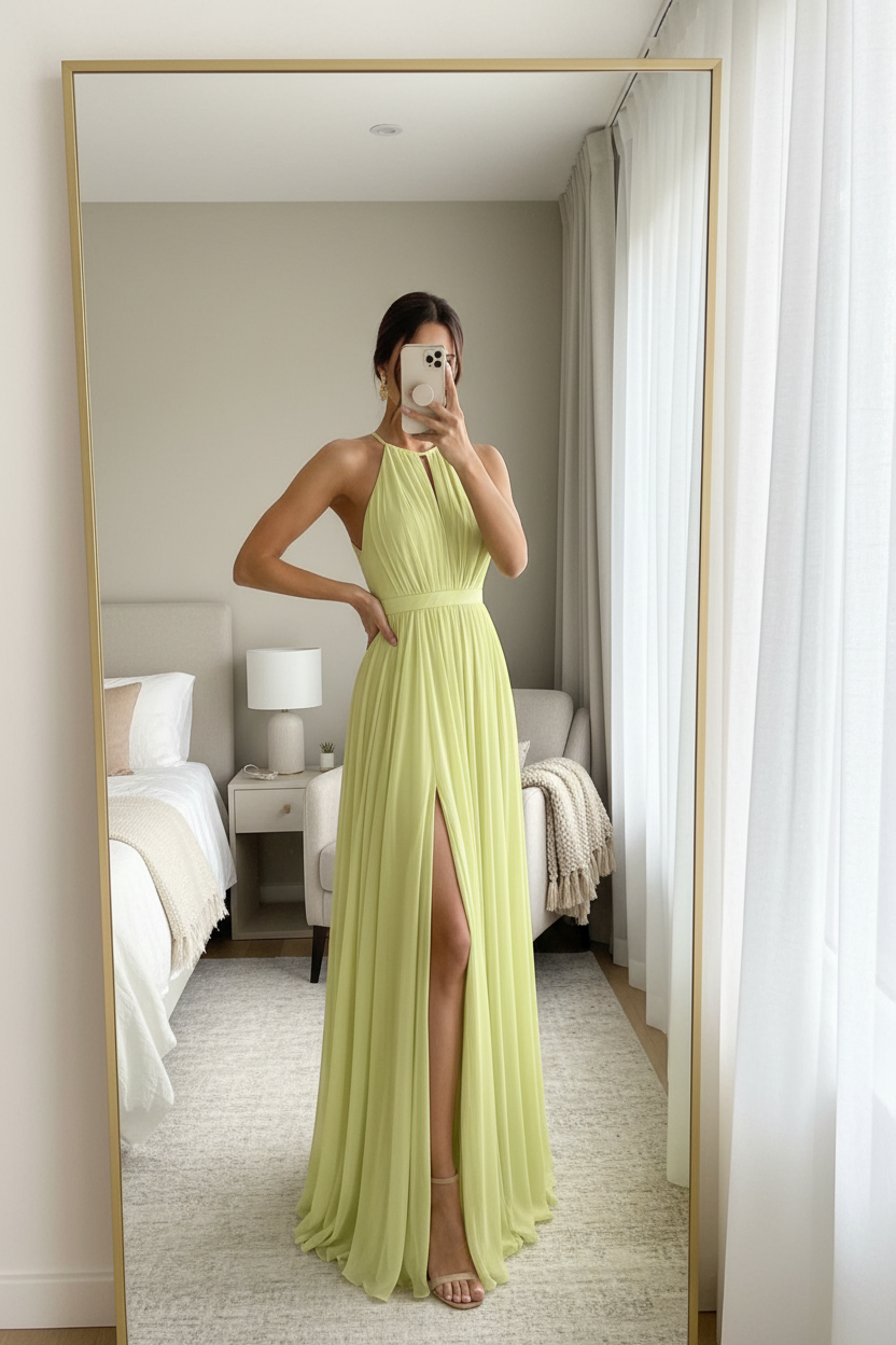 Vestido Largo Halter Amarillo Lima | Espalda Abierta y Abertura Lateral