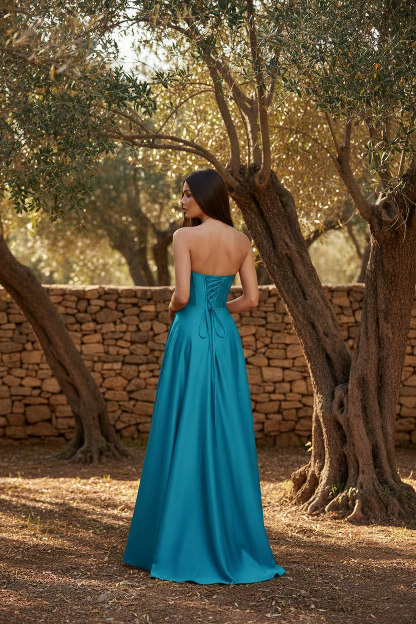Vestido Corset Satén Turquesa | Largo con Abertura y Tirante Fino- Exclusivo Online, Vesitdo de invitada, graduación
