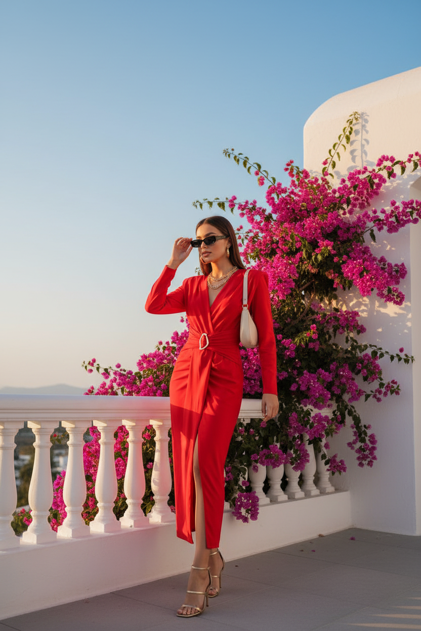 Vestido Rojo Cruzado Manga Larga - Poder y Elegancia