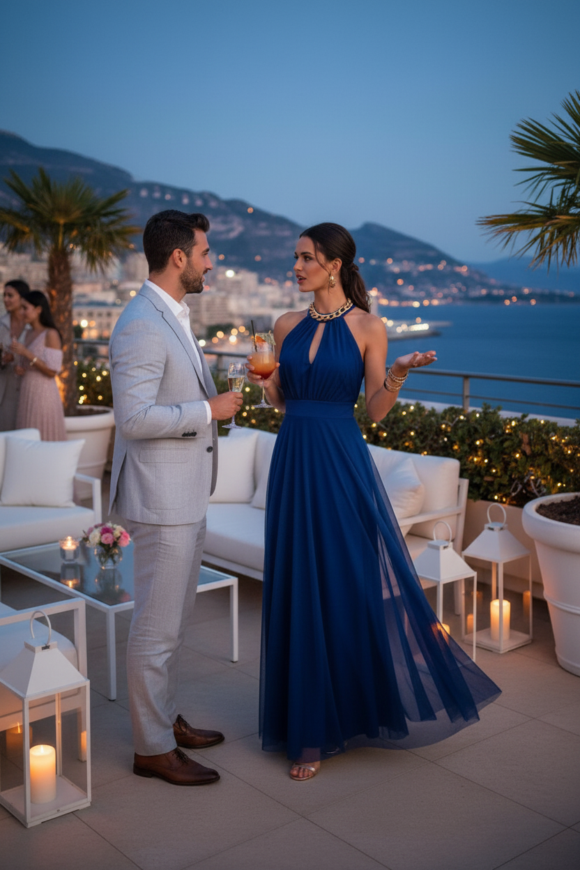 Vestido Invitada Boda Azul Royal Halter Tul - Elegante Largo Fiesta Evento