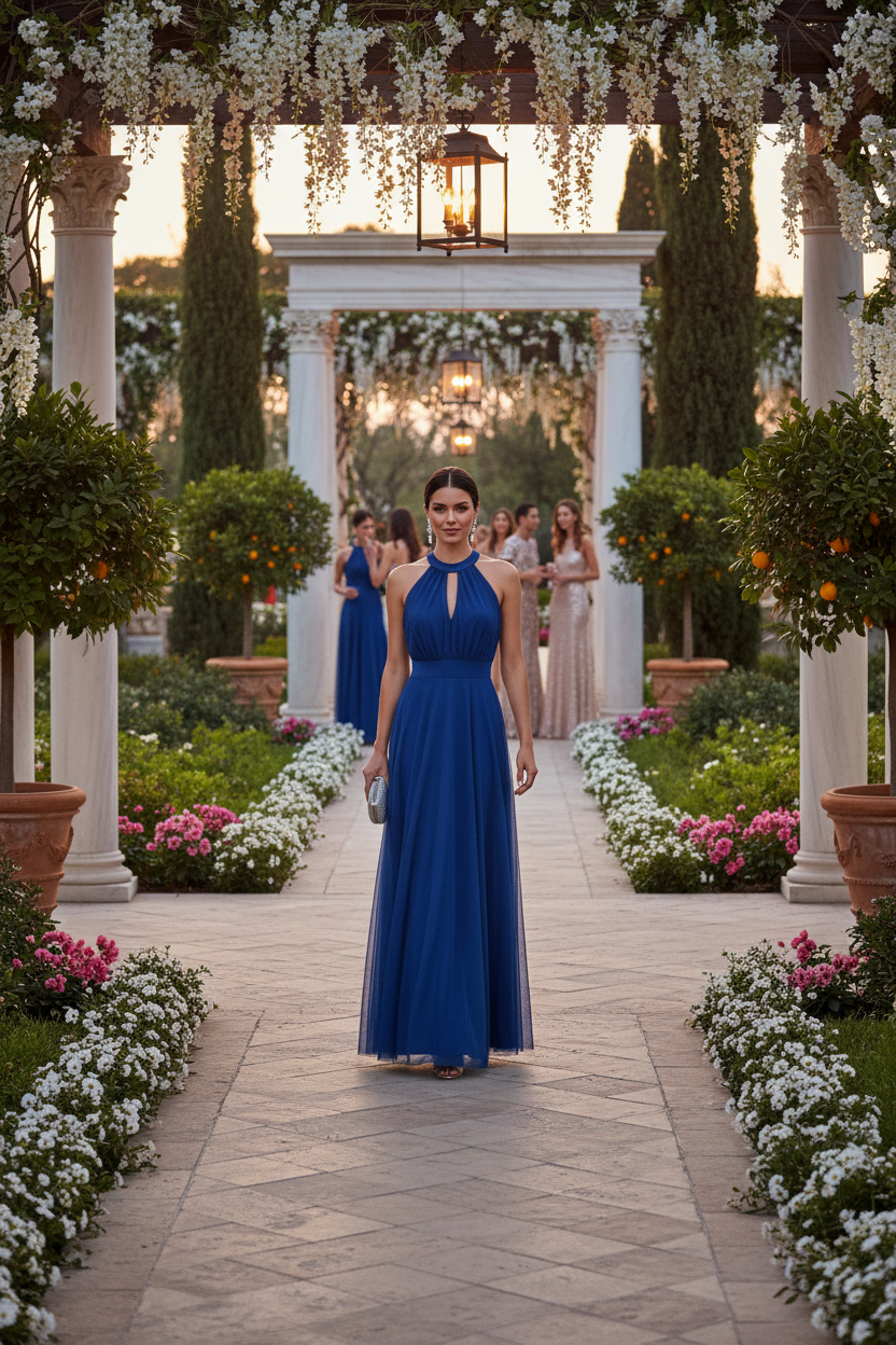 Vestido Invitada Boda Azul Royal Halter Tul - Elegante Largo Fiesta Evento