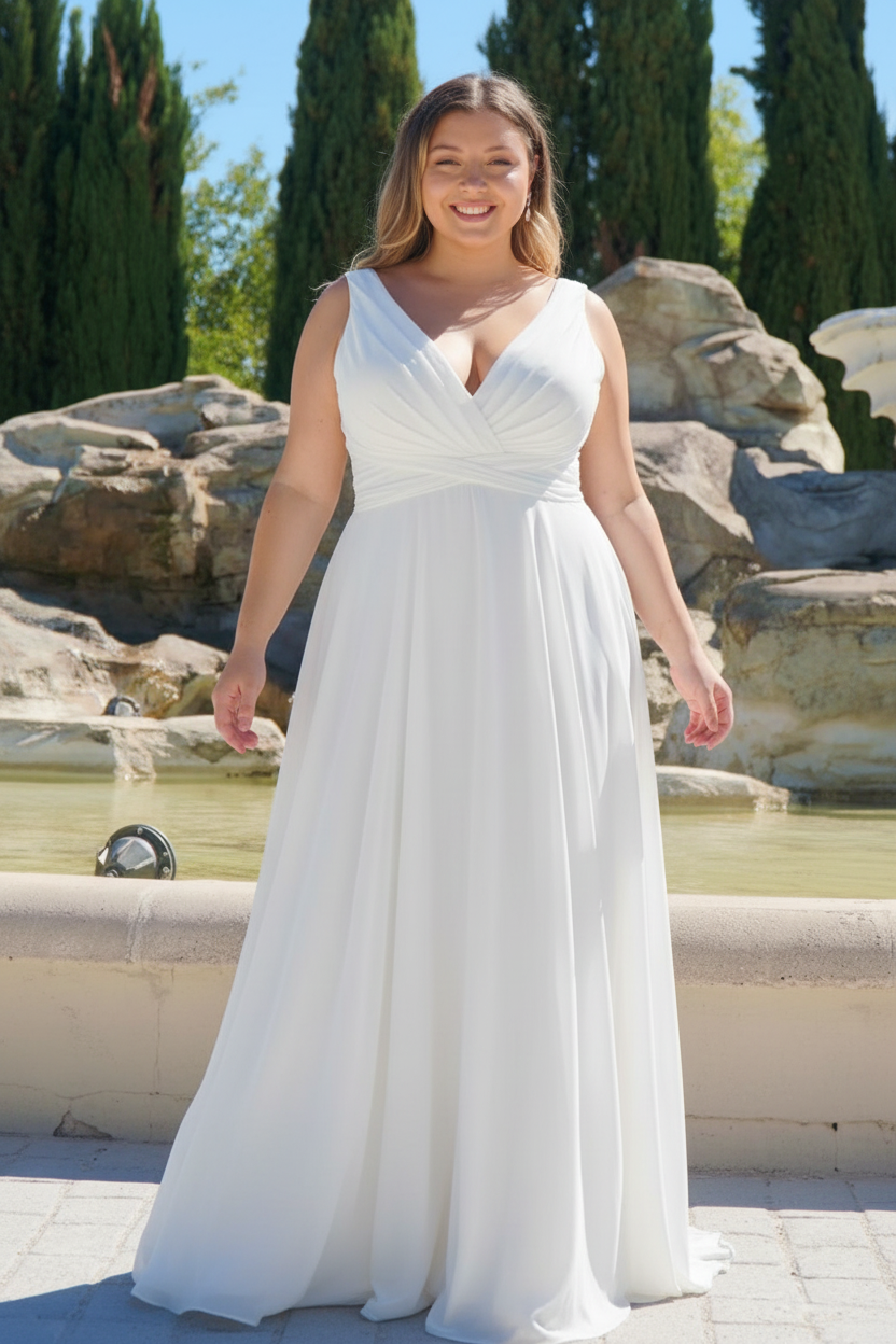 Vestido novia Largo blanco Escote V Cruzado | Curvy
