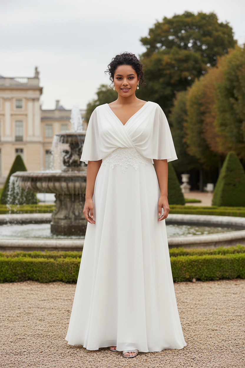 Vestido Largo Blanco Escote V con Capa y Broche Joya | Talla Única 42-50