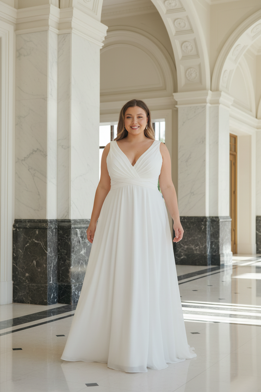 Vestido novia Largo blanco Escote V Cruzado | Curvy