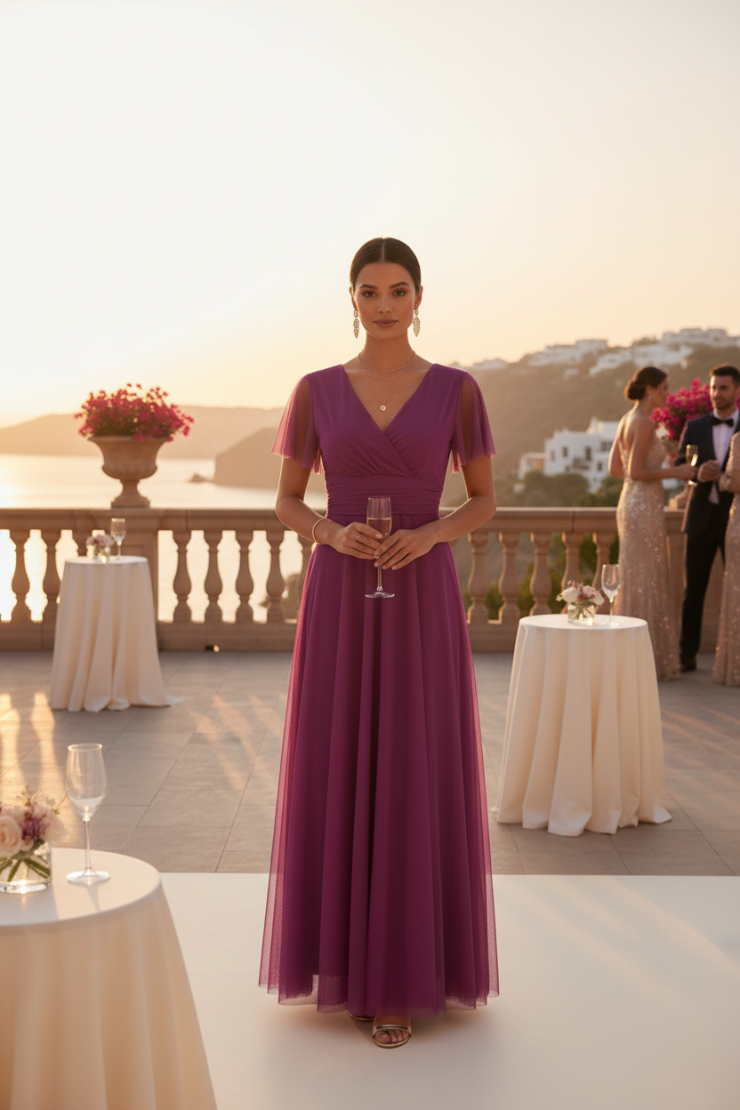 Vestido Buganvilla con Tul y Mangas Cortas - Elegancia Romántica