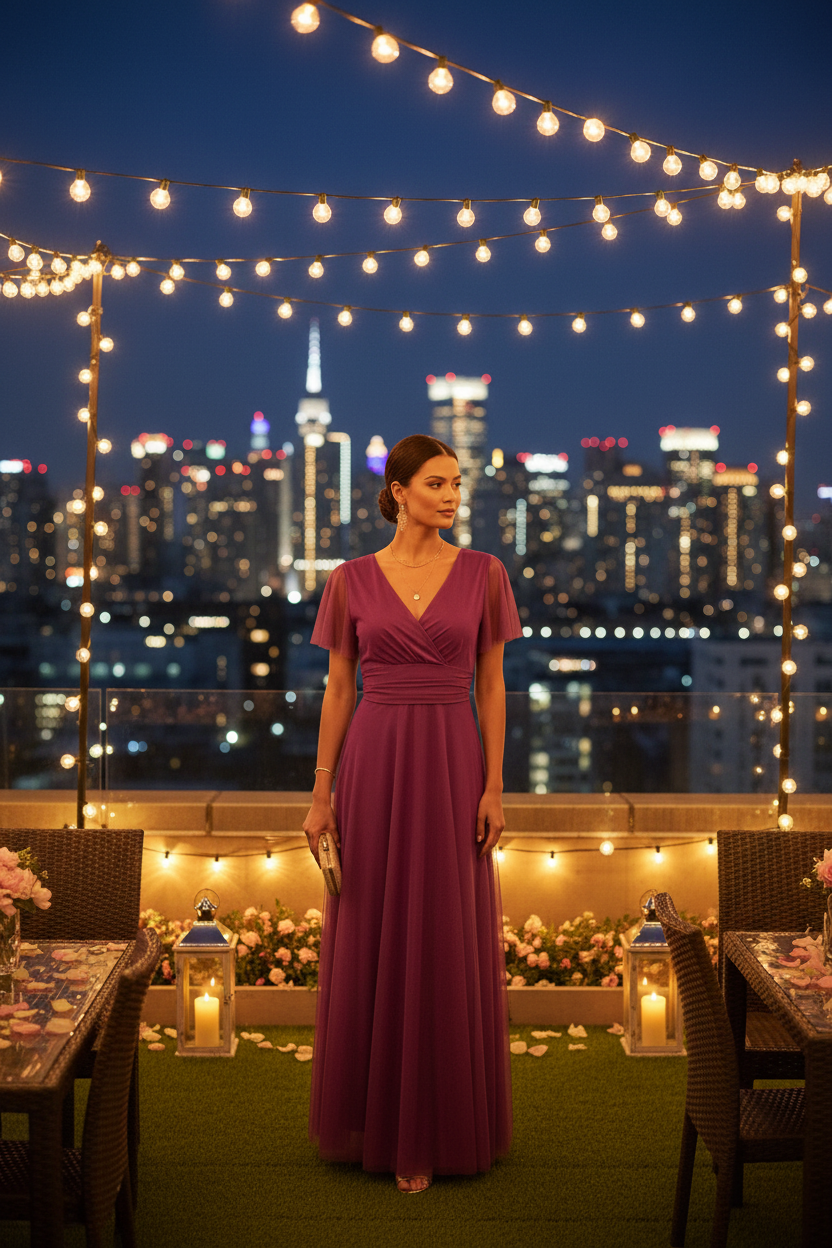 Vestido Buganvilla con Tul y Mangas Cortas - Elegancia Romántica