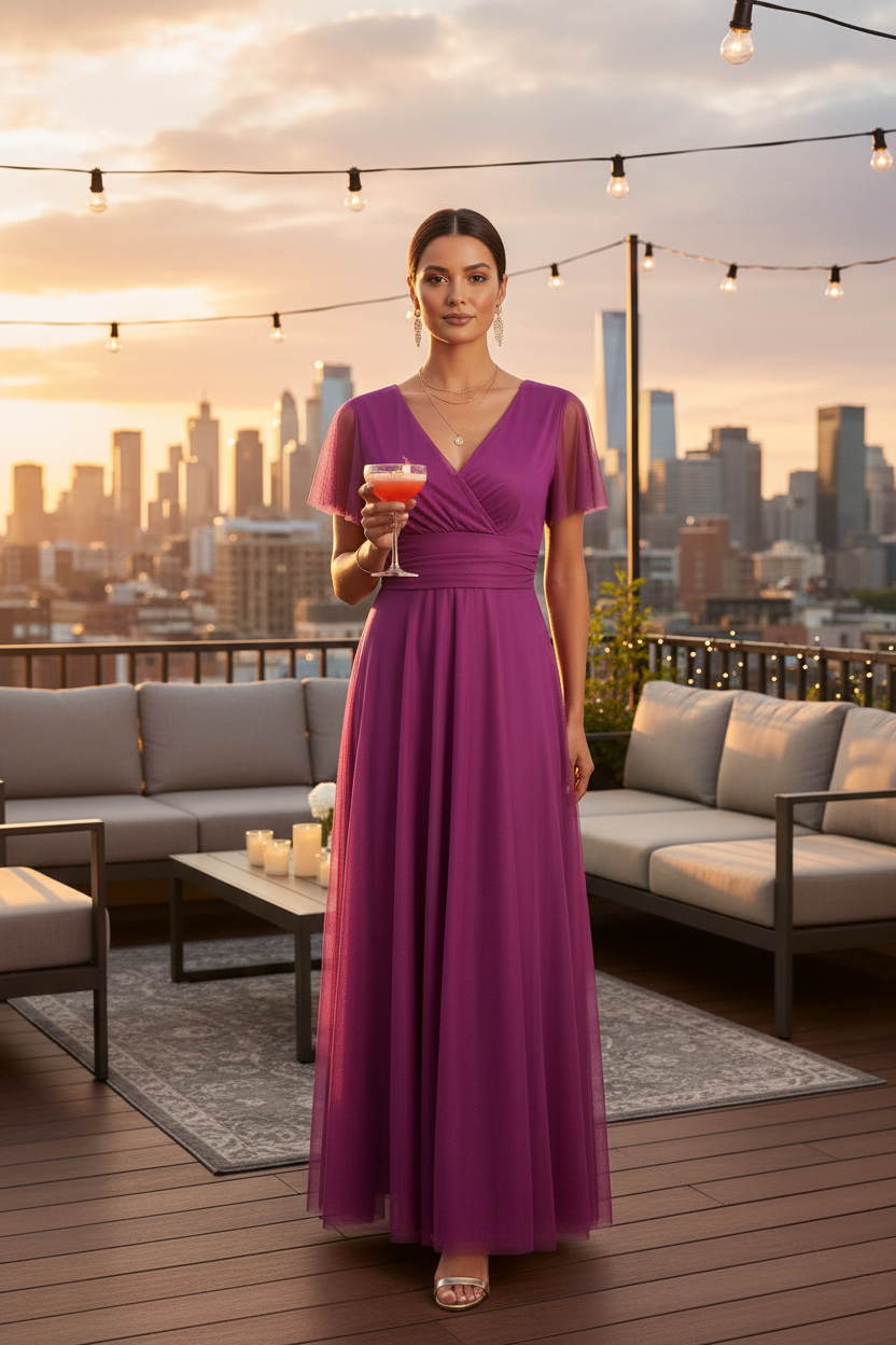 Vestido Buganvilla con Tul y Mangas Cortas - Elegancia Romántica