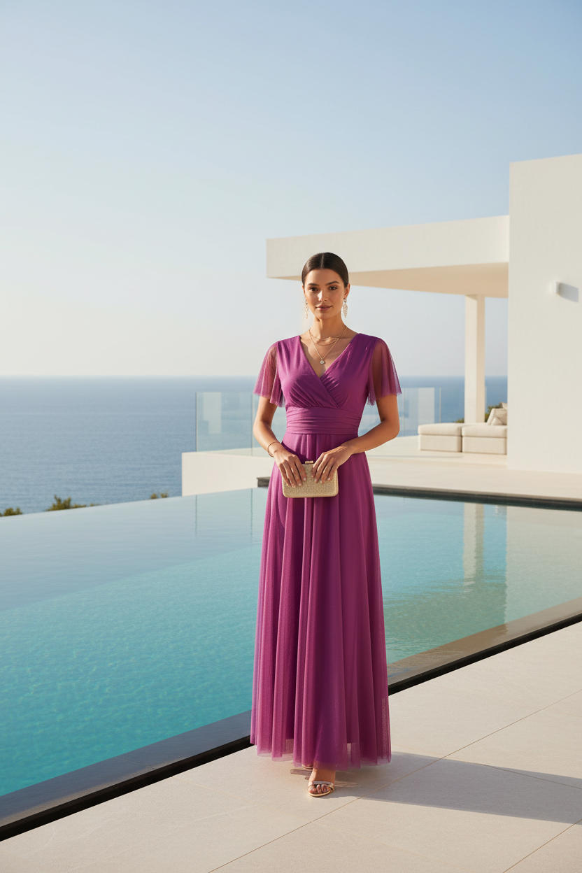 Vestido Buganvilla con Tul y Mangas Cortas - Elegancia Romántica