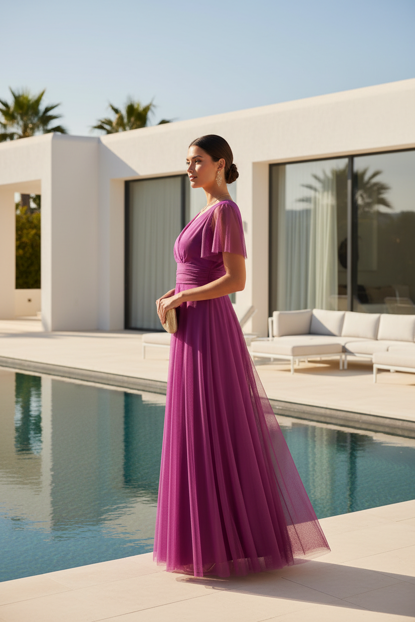 Vestido Buganvilla con Tul y Mangas Cortas - Elegancia Romántica