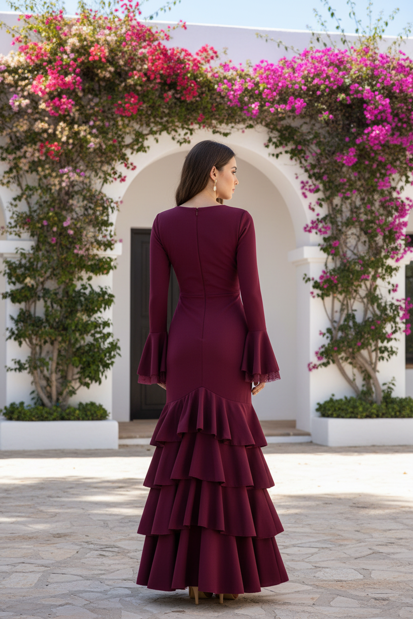Traje de flamenca con Volantes y Escote V | Mangas Campana