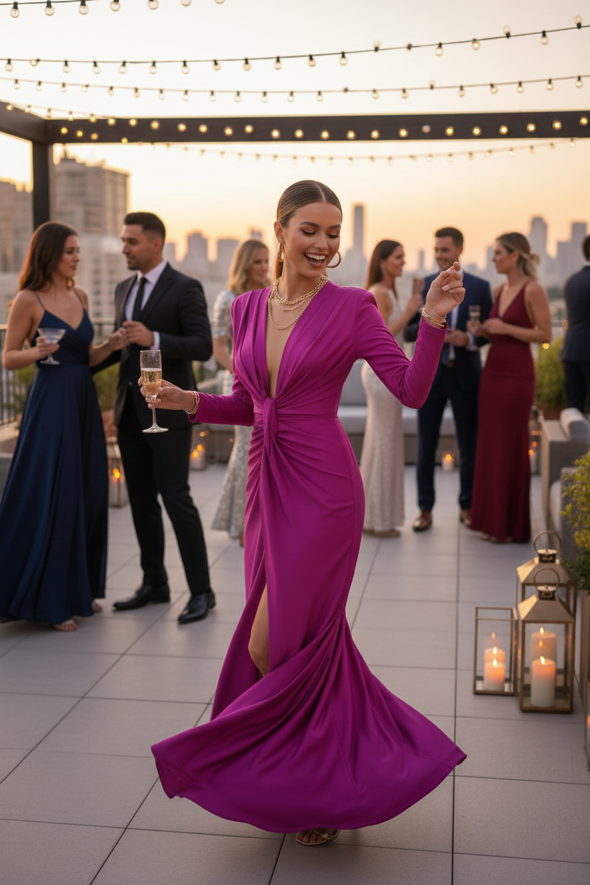 Vestido Fucsia Mangas Largas con Drapeado - Lujo Cosmopolita