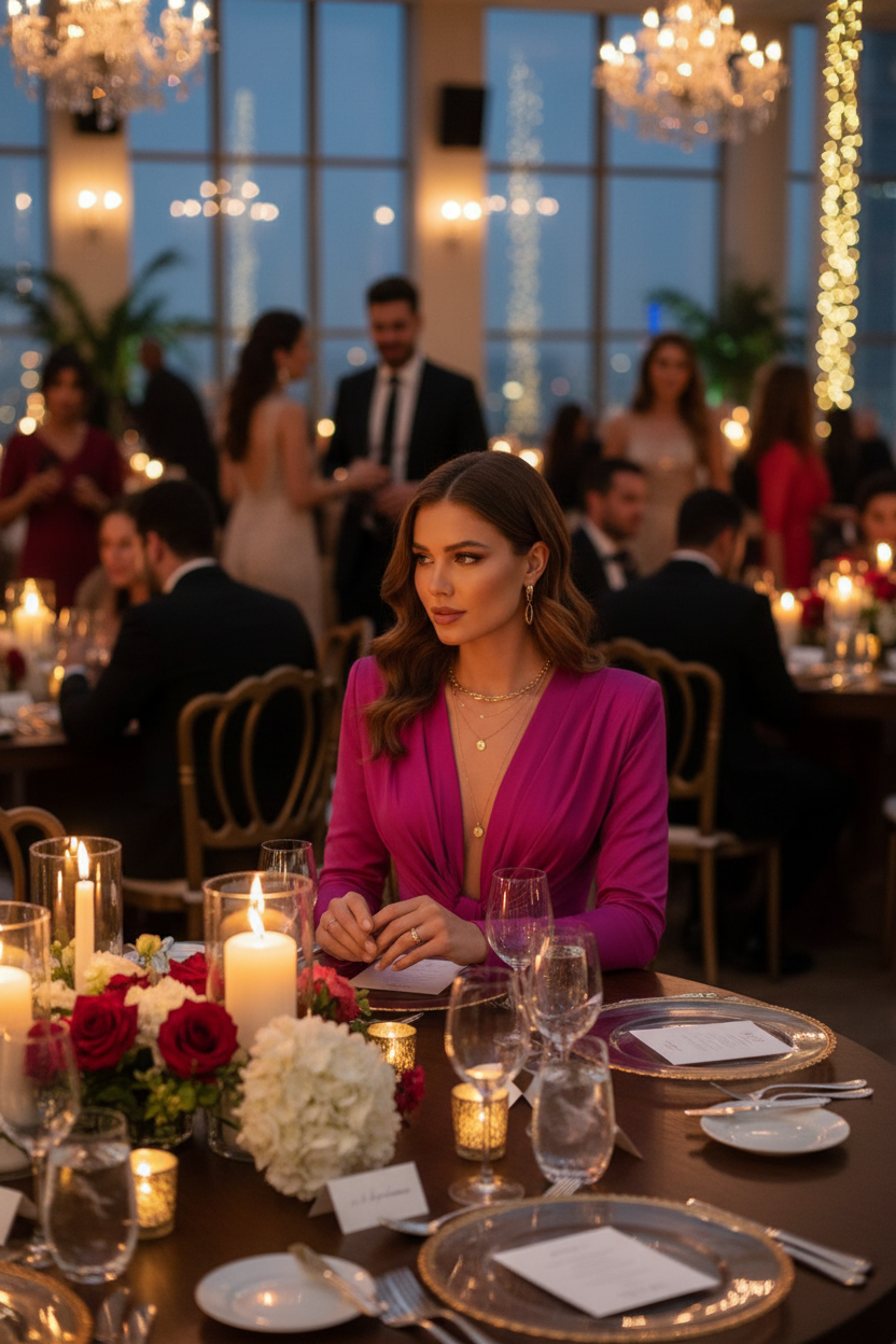 Vestido Fucsia Mangas Largas con Drapeado - Lujo Cosmopolita