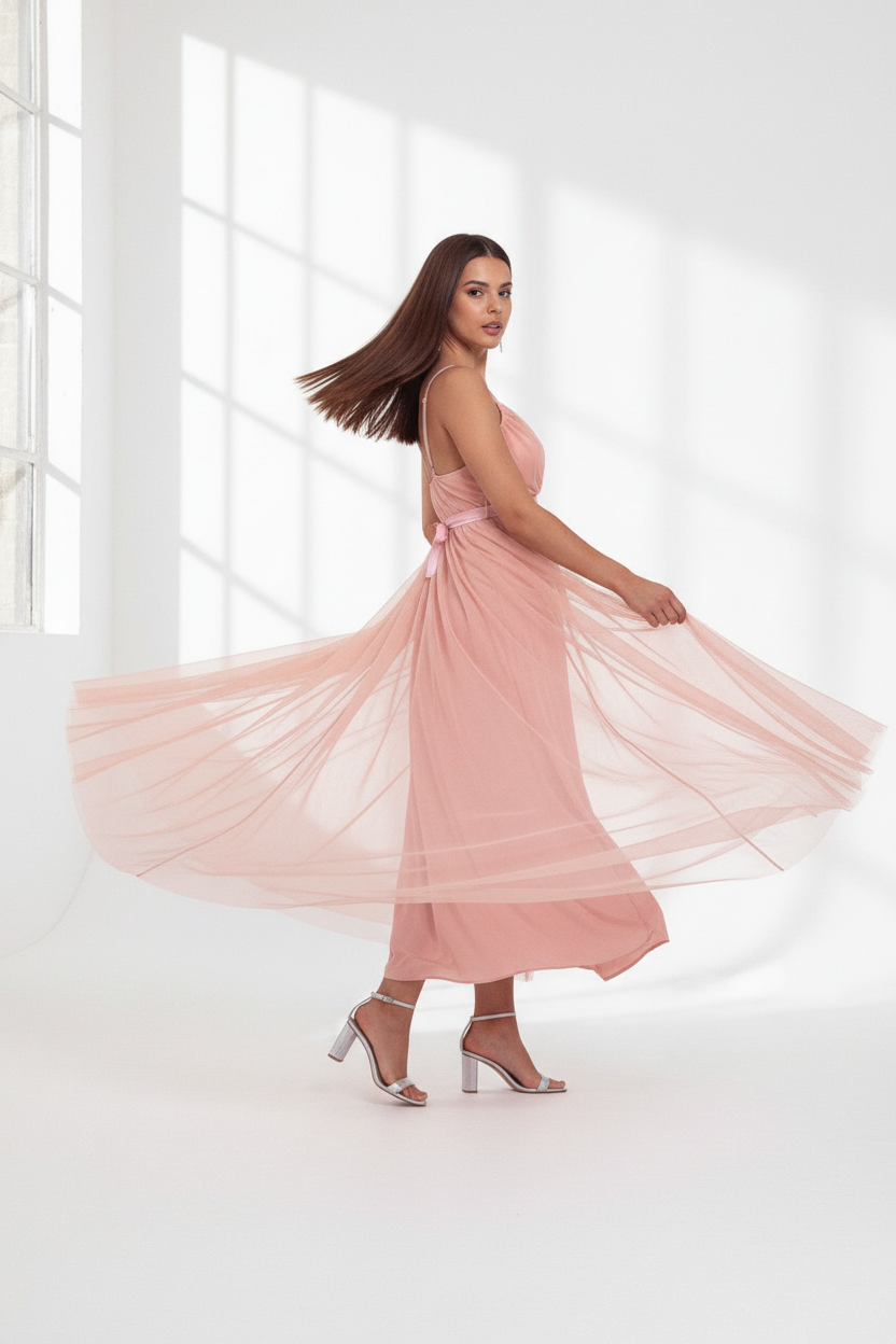 Vestido Rosa Pastel Tul - Vestido de Fiesta Romántico con Tirantes