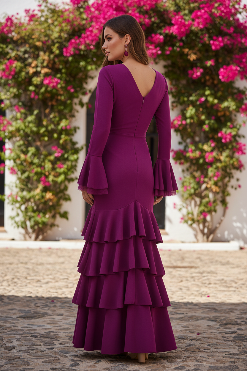 Traje de flamenca con Volantes y Escote V | Mangas Campana