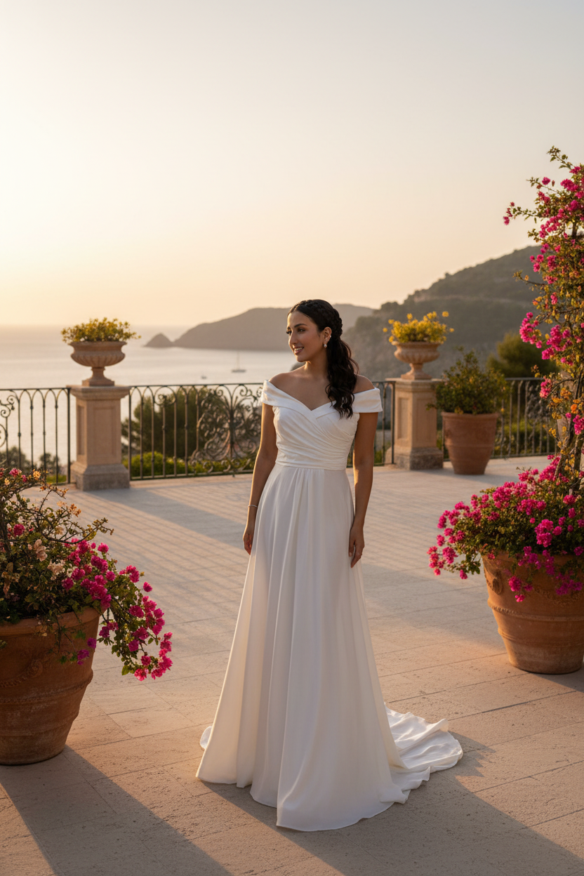 Vestido Novia Off Shoulder Blanco con Abertura- EXCLUSIVO ONLINE
