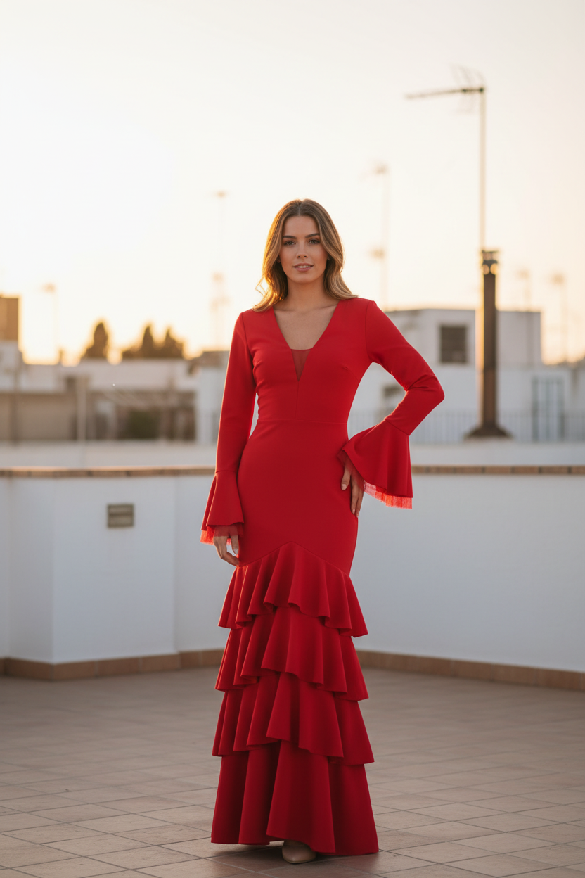 Traje de flamenca con Volantes y Escote V | Mangas Campana