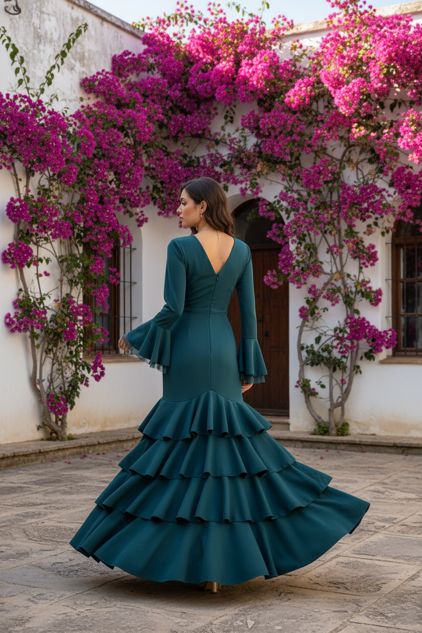 Traje de flamenca con Volantes y Escote V | Mangas Campana
